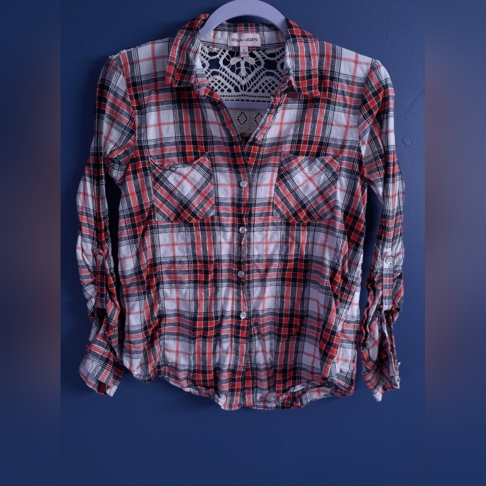 Crochet Lace Plaid Button-Up Shirt